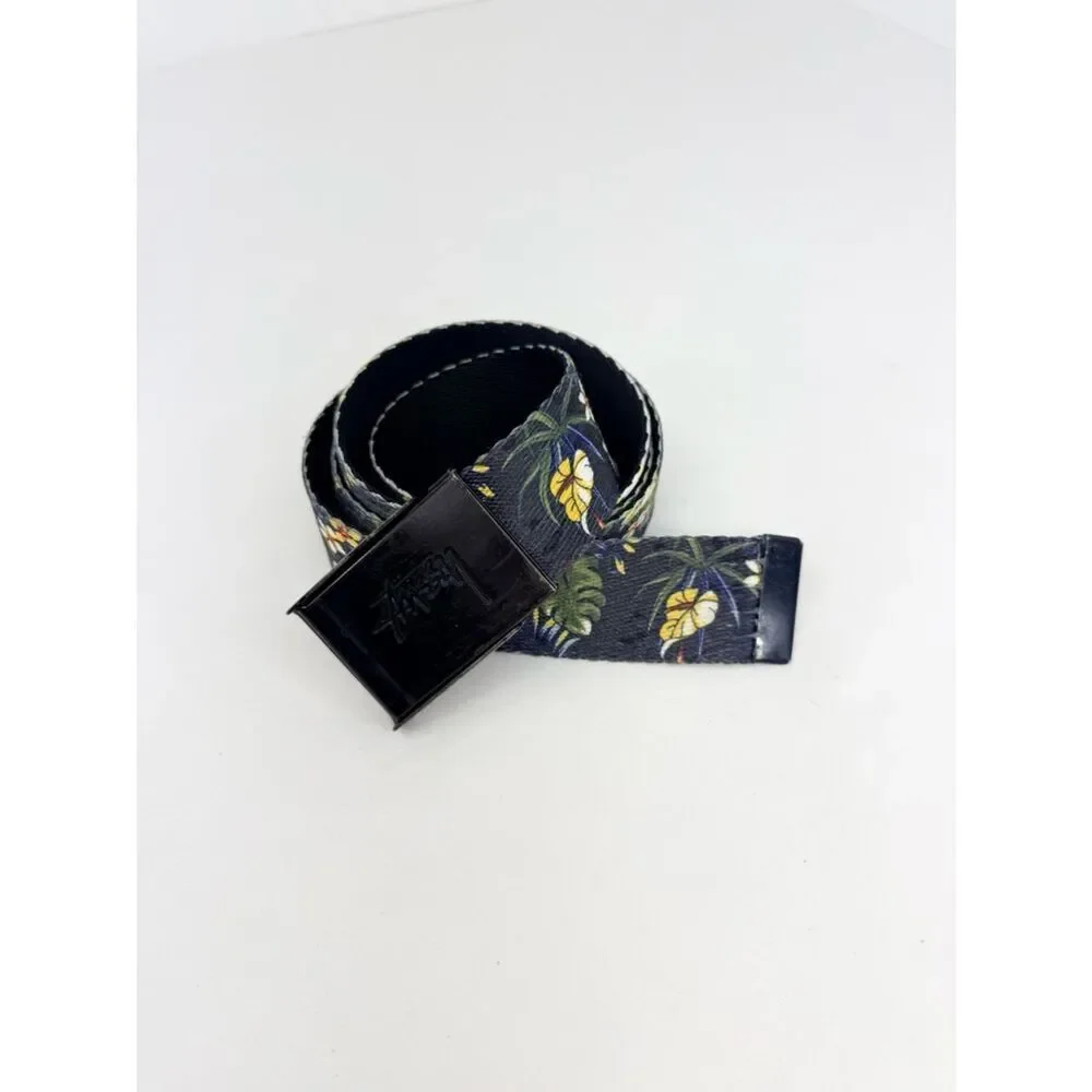 Stussy Navy Blue Yellow Tropical Floral Adjustable Nylon Unisex Belt